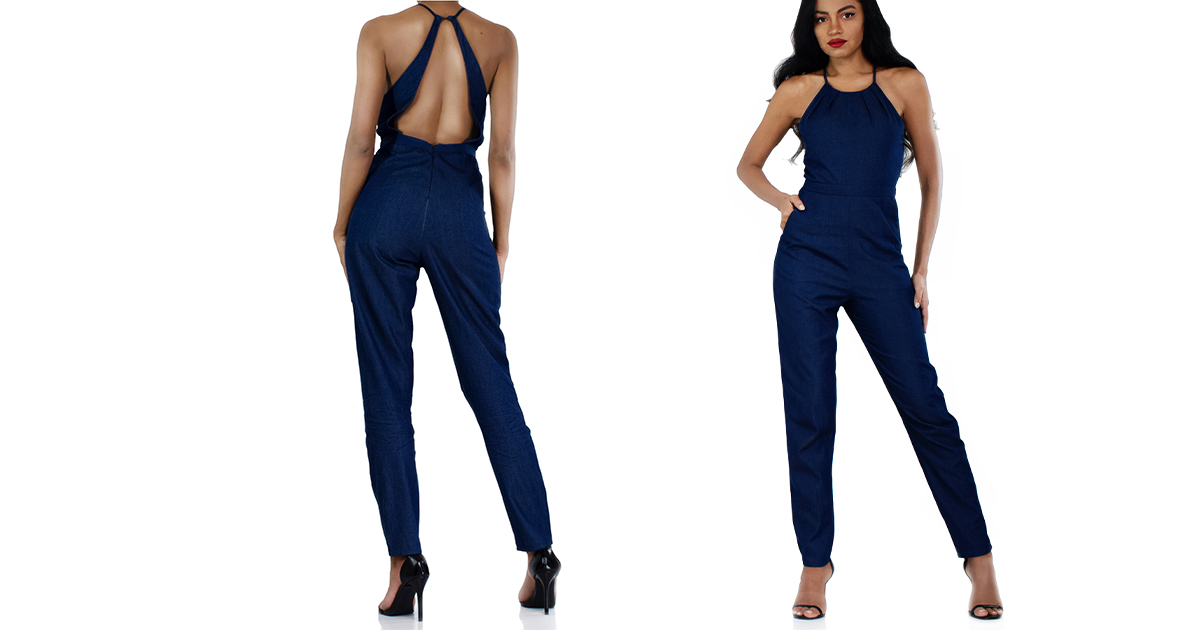 halter denim jumpsuit