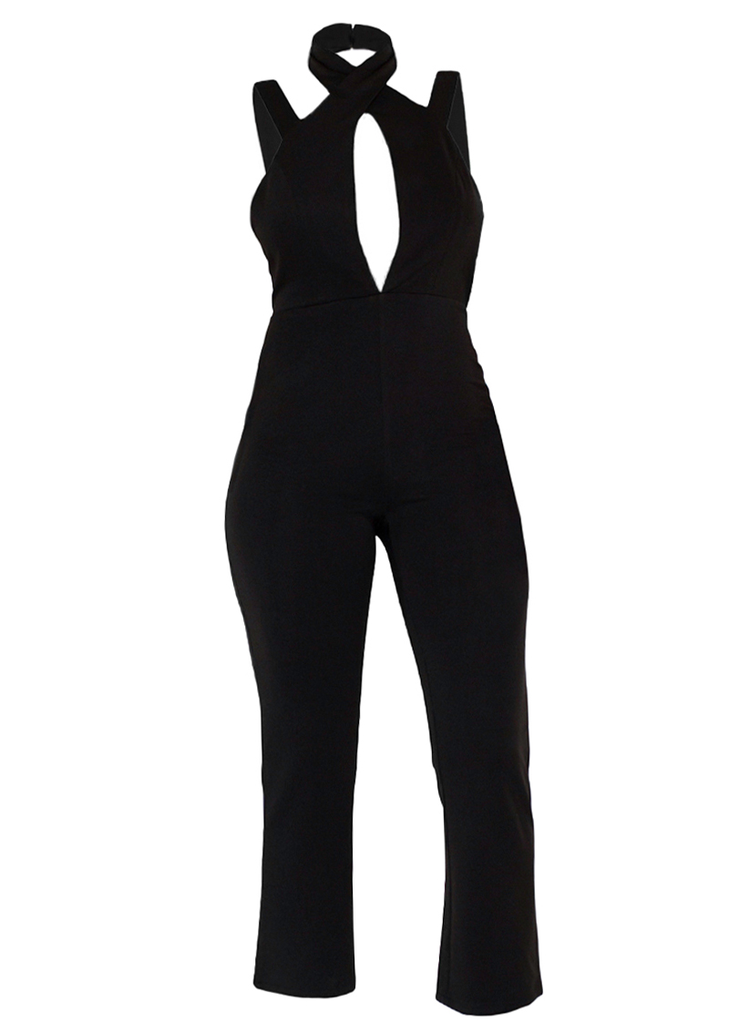 Mod chic black halter top jumpsuit. Moxie sultry cat suit.